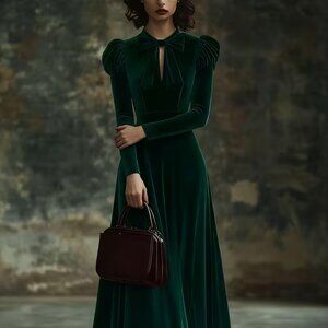 Women's Square Sugar Bow Tie Long Sleeve Bubble Long Dress, Velvet Fabric